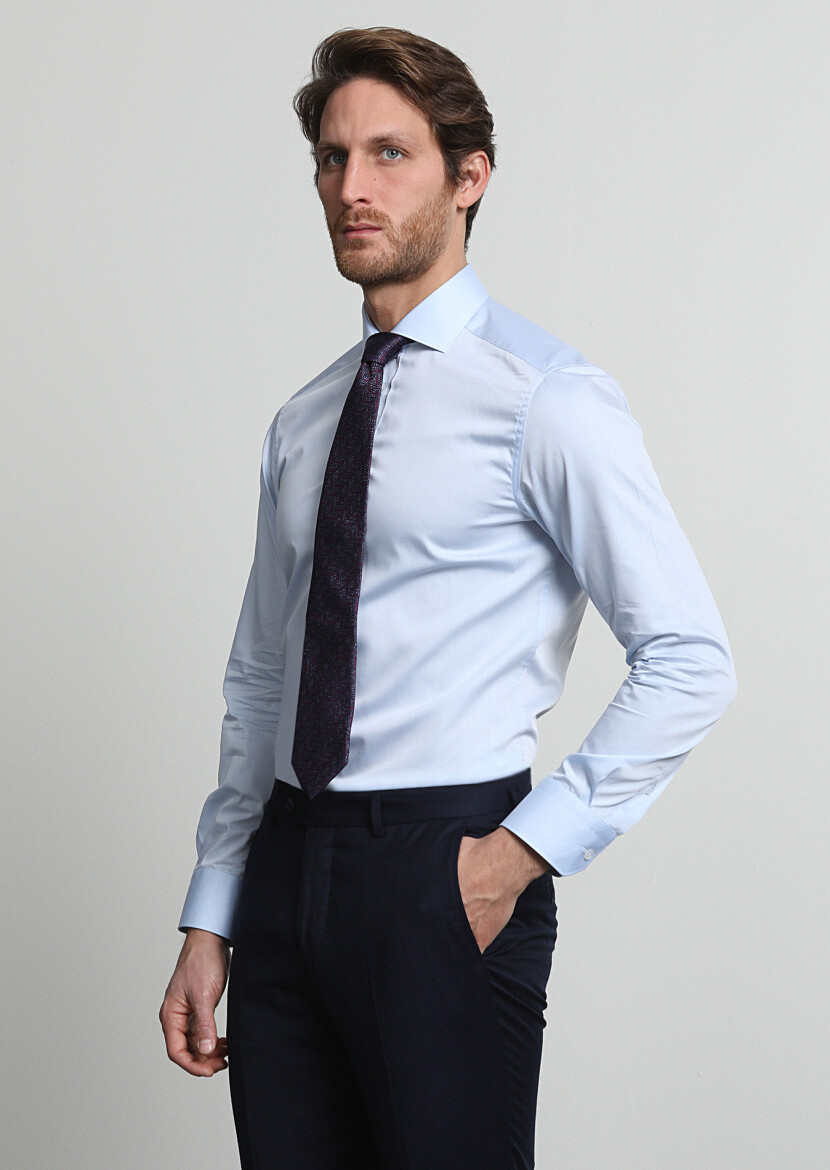 Blue Plain Slim Fit Long Weaving Classical 100% Cotton Shirt - 1