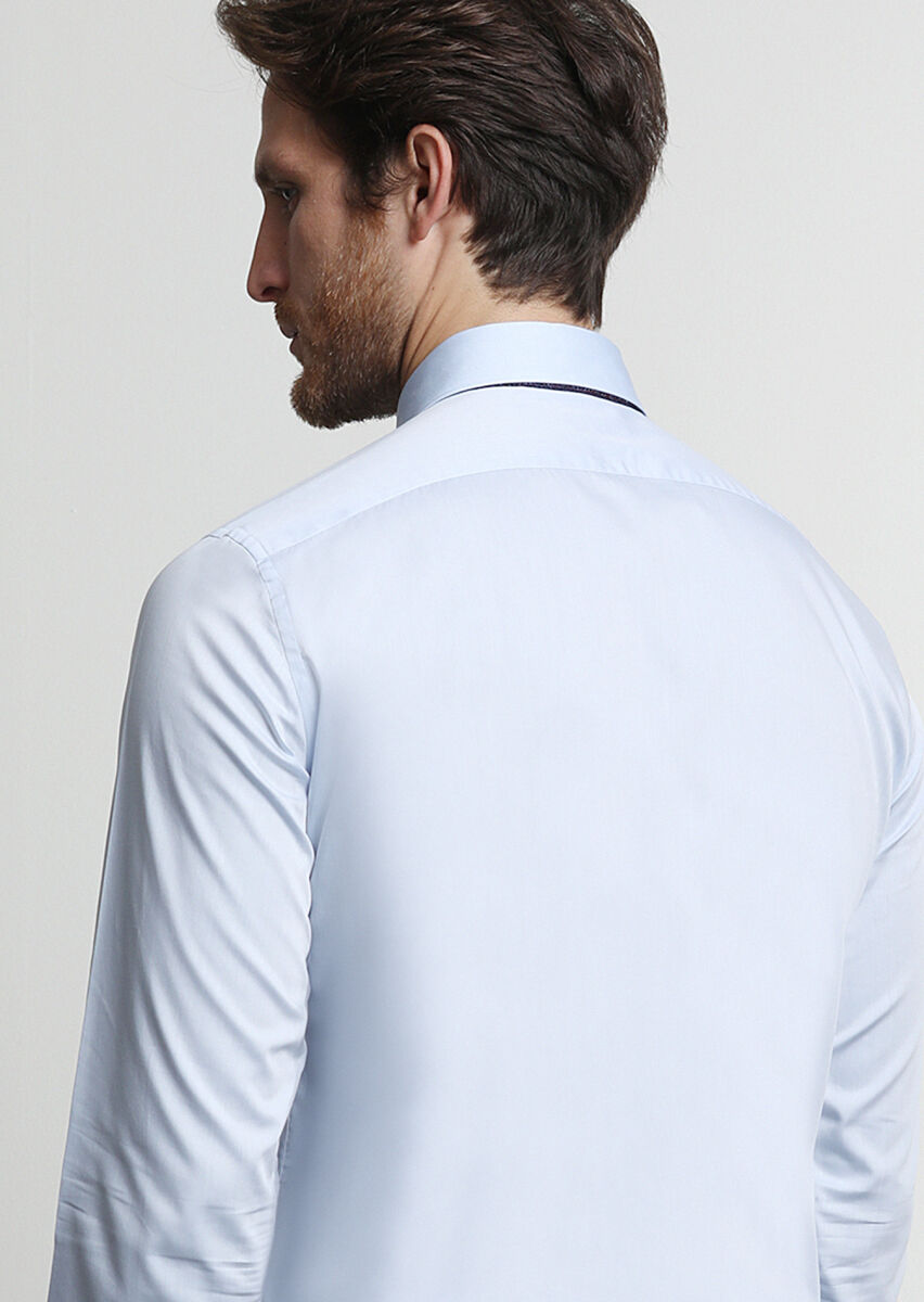 Blue Plain Slim Fit Long Weaving Classical 100% Cotton Shirt - 4