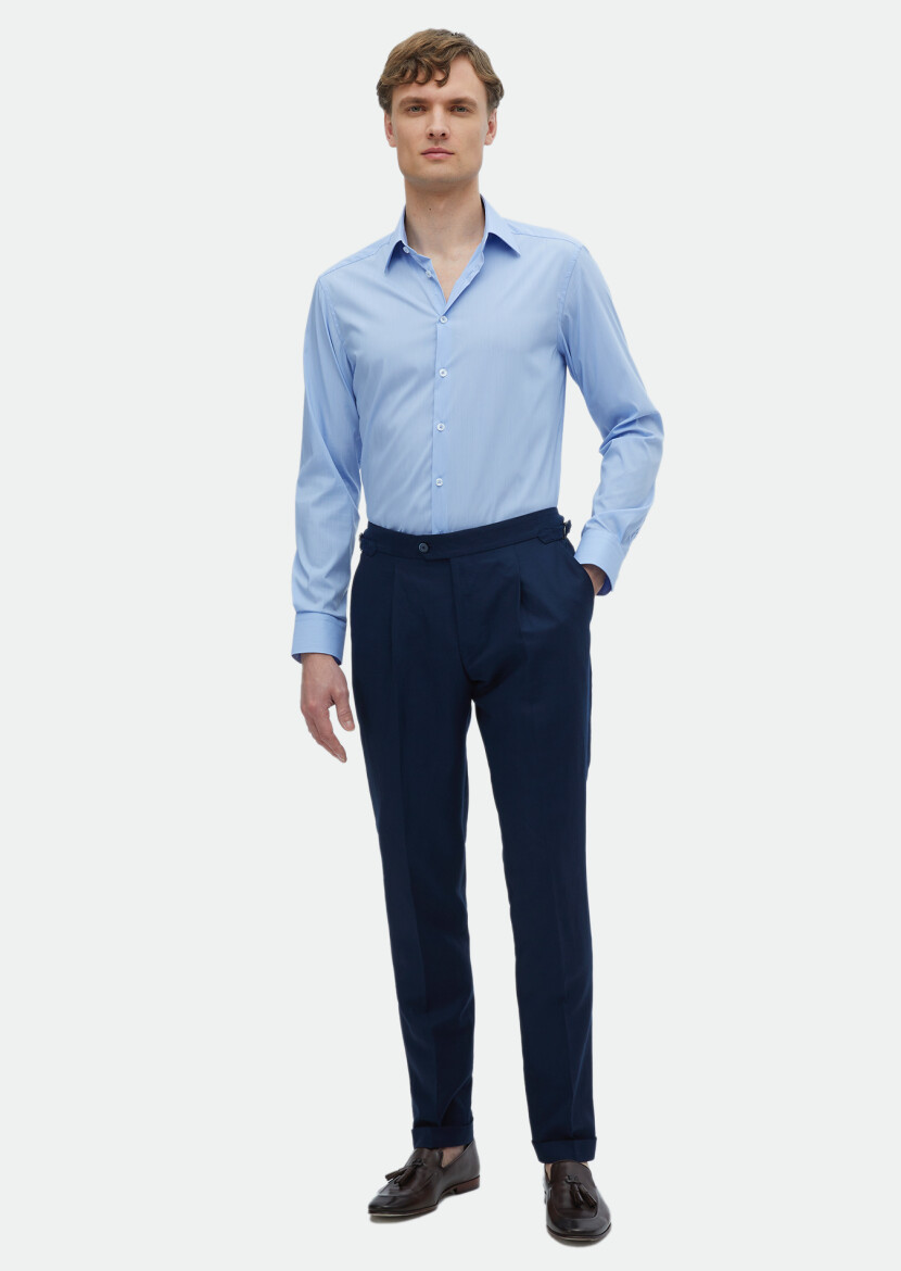 Blue Plain Slim Fit Long Weaving Classical Shirt 