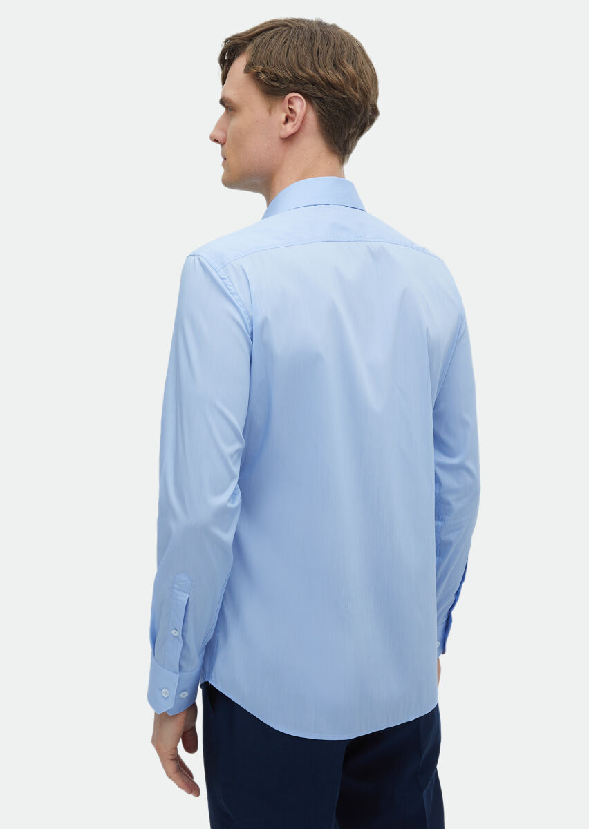 Blue Plain Slim Fit Long Weaving Classical Shirt - 4