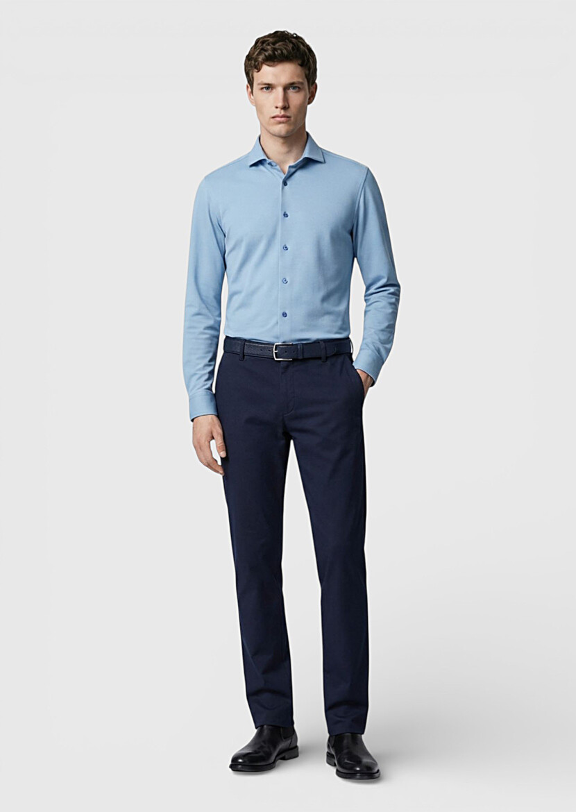 Blue Plain Slim Fit Material Casual Cotton Blended Shirt - 2