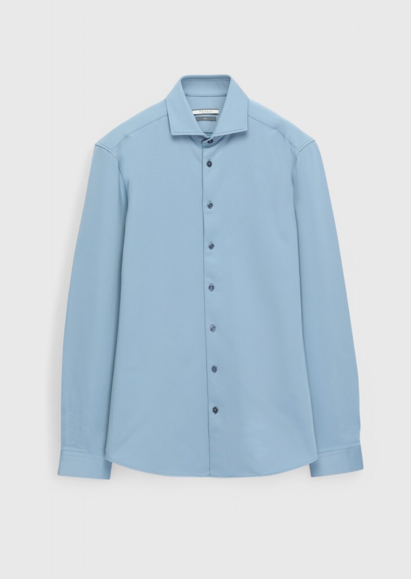 Blue Plain Slim Fit Material Casual Cotton Blended Shirt - 5