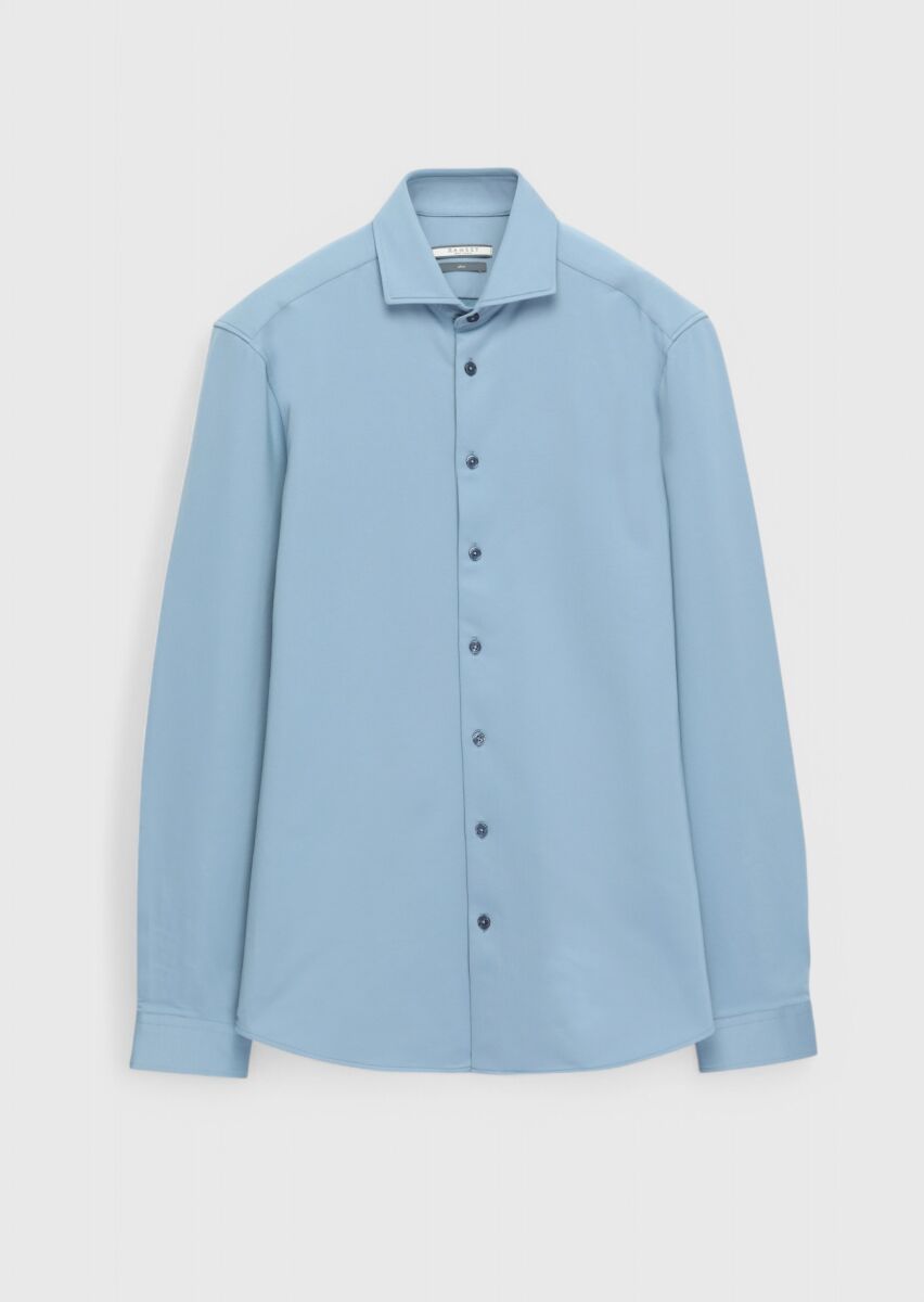 Blue Plain Slim Fit Material Casual Cotton Blended Shirt - 5