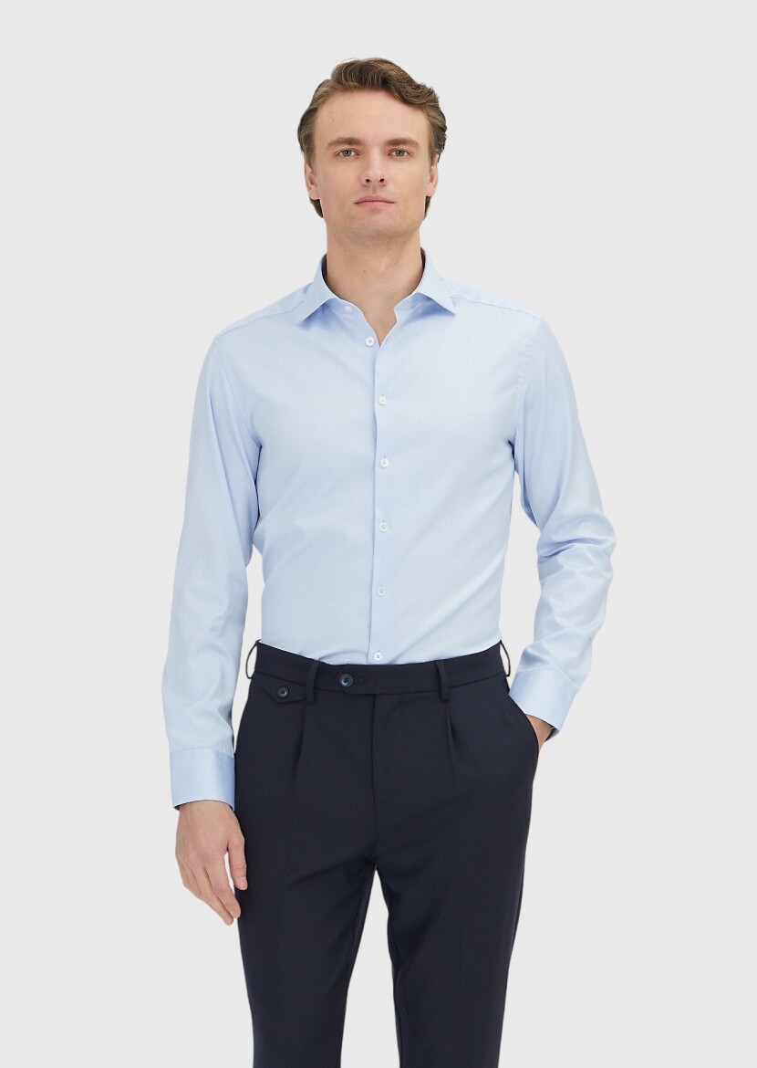 Blue Plain Slim Fit Non Iron Long Weaving Classical 100% Cotton Shirt - 1