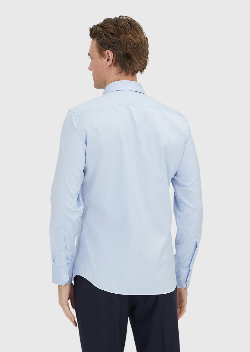 Blue Plain Slim Fit Non Iron Long Weaving Classical 100% Cotton Shirt - 5