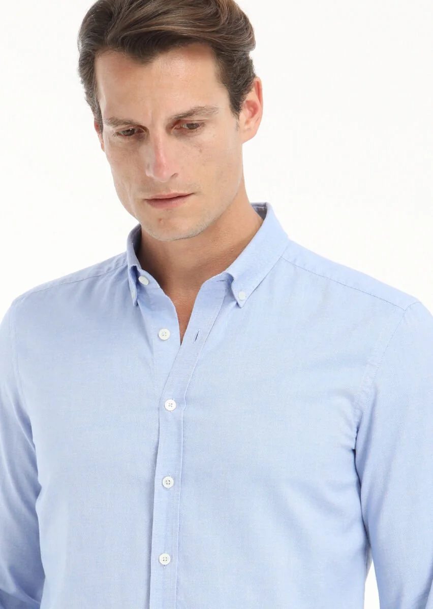 Blue Plain Slim Fit Weaving Casual 100% Cotton Shirt - 3