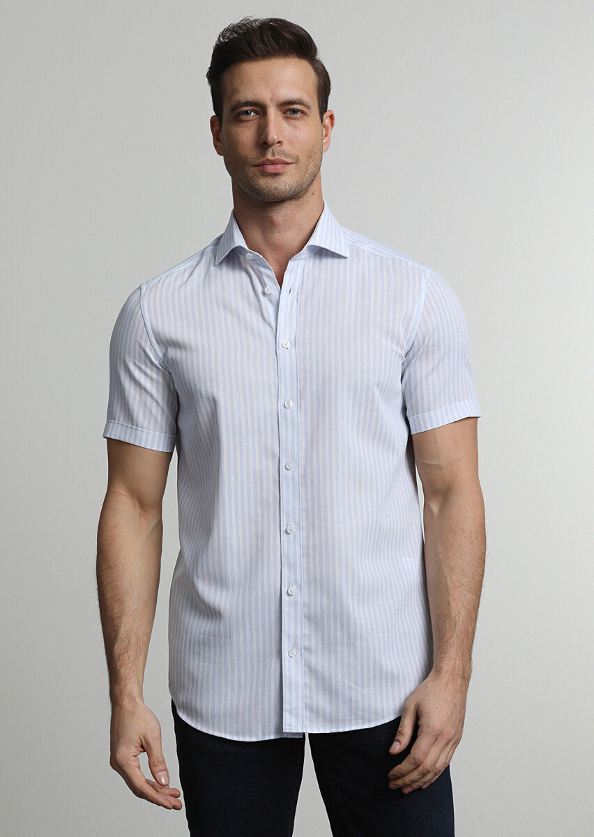 Blue Plain Slim Fit Weaving Classical 100% Cotton Shirt - 1