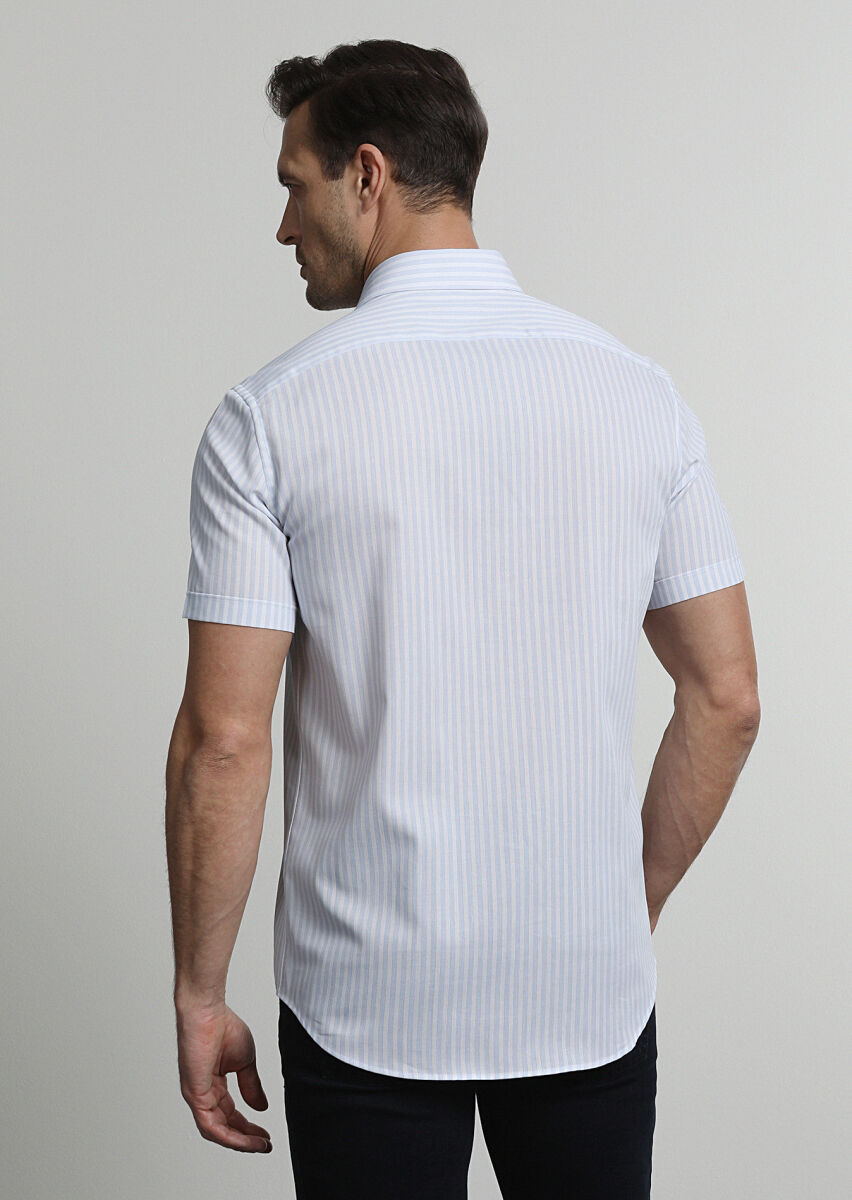 Blue Plain Slim Fit Weaving Classical 100% Cotton Shirt - 4