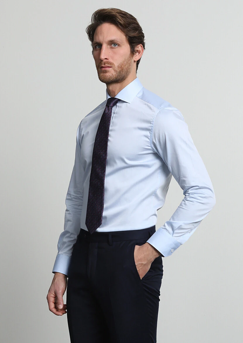 Blue Plain Slim Fit Weaving Classical 100% Cotton Shirt - 1