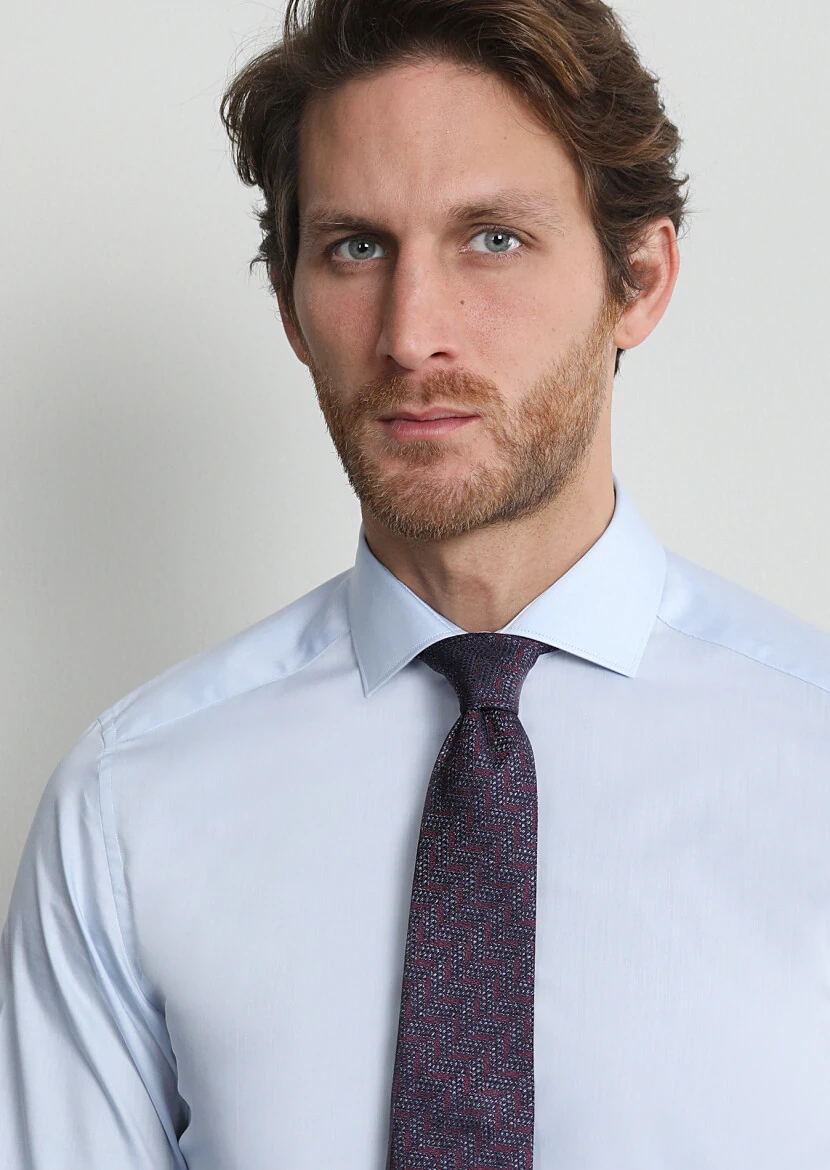 Blue Plain Slim Fit Weaving Classical 100% Cotton Shirt - 2