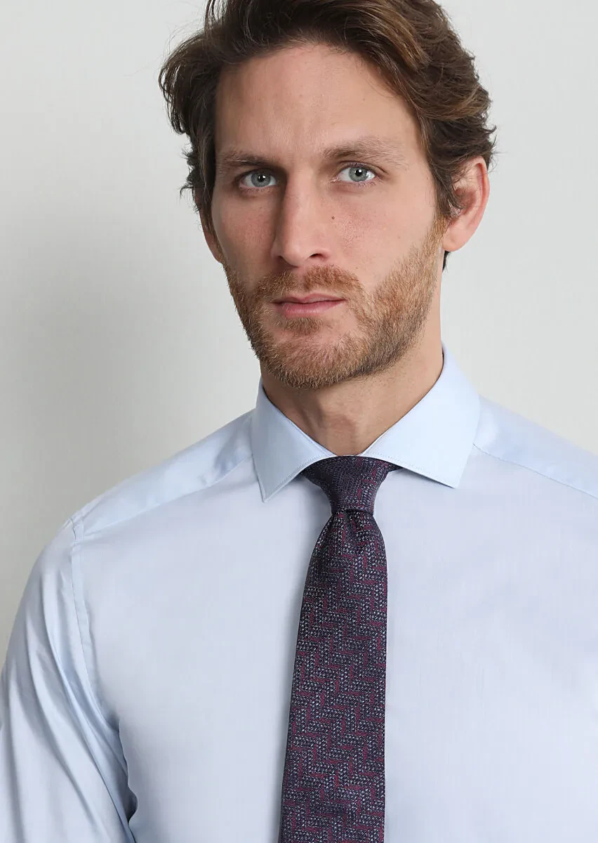 Blue Plain Slim Fit Weaving Classical 100% Cotton Shirt - 2