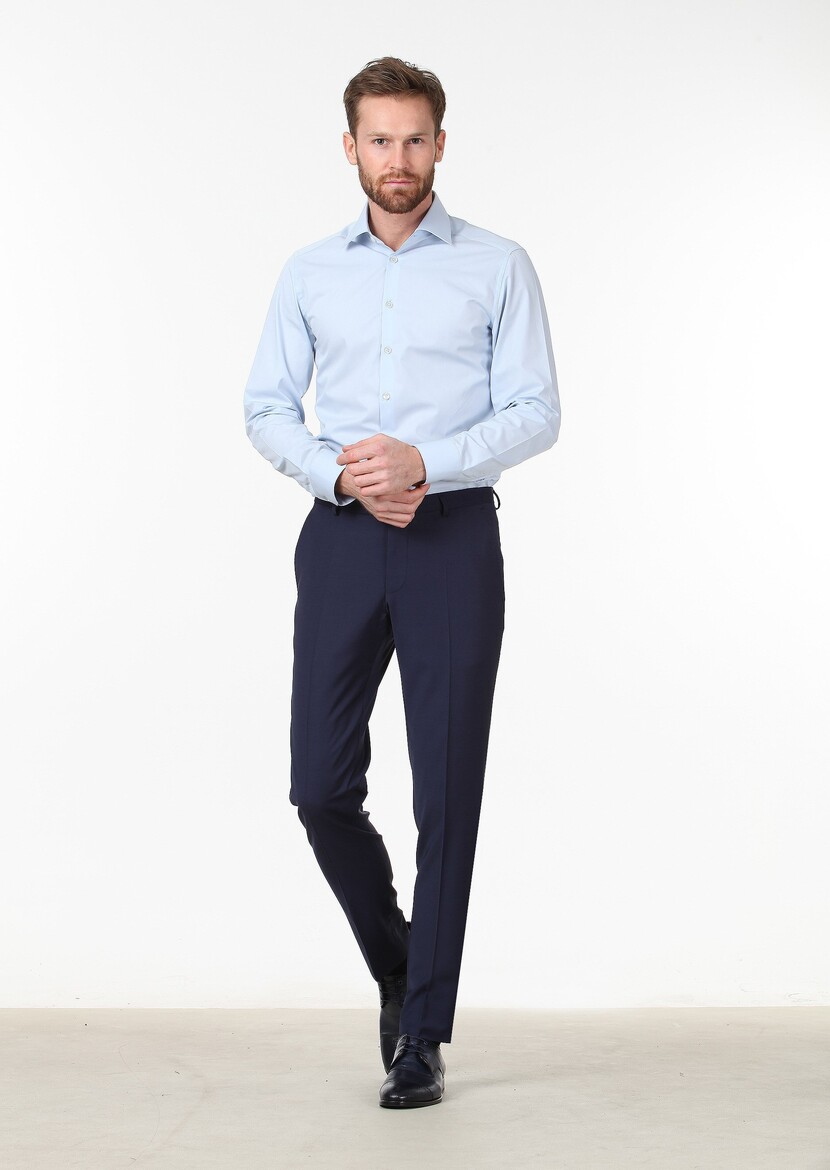 Blue Plain Slim Fit Weaving Classical Cotton Blended Shirt 