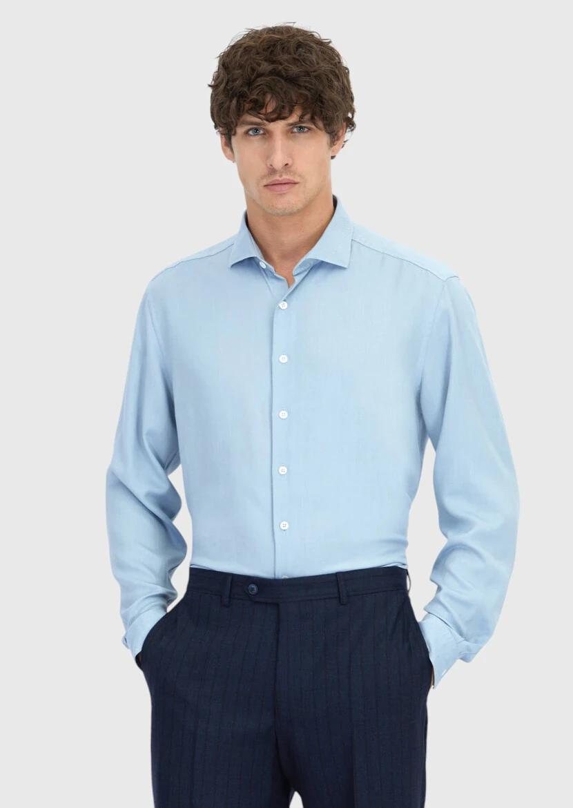 Blue Plain Weaving Casual Shirt - 1