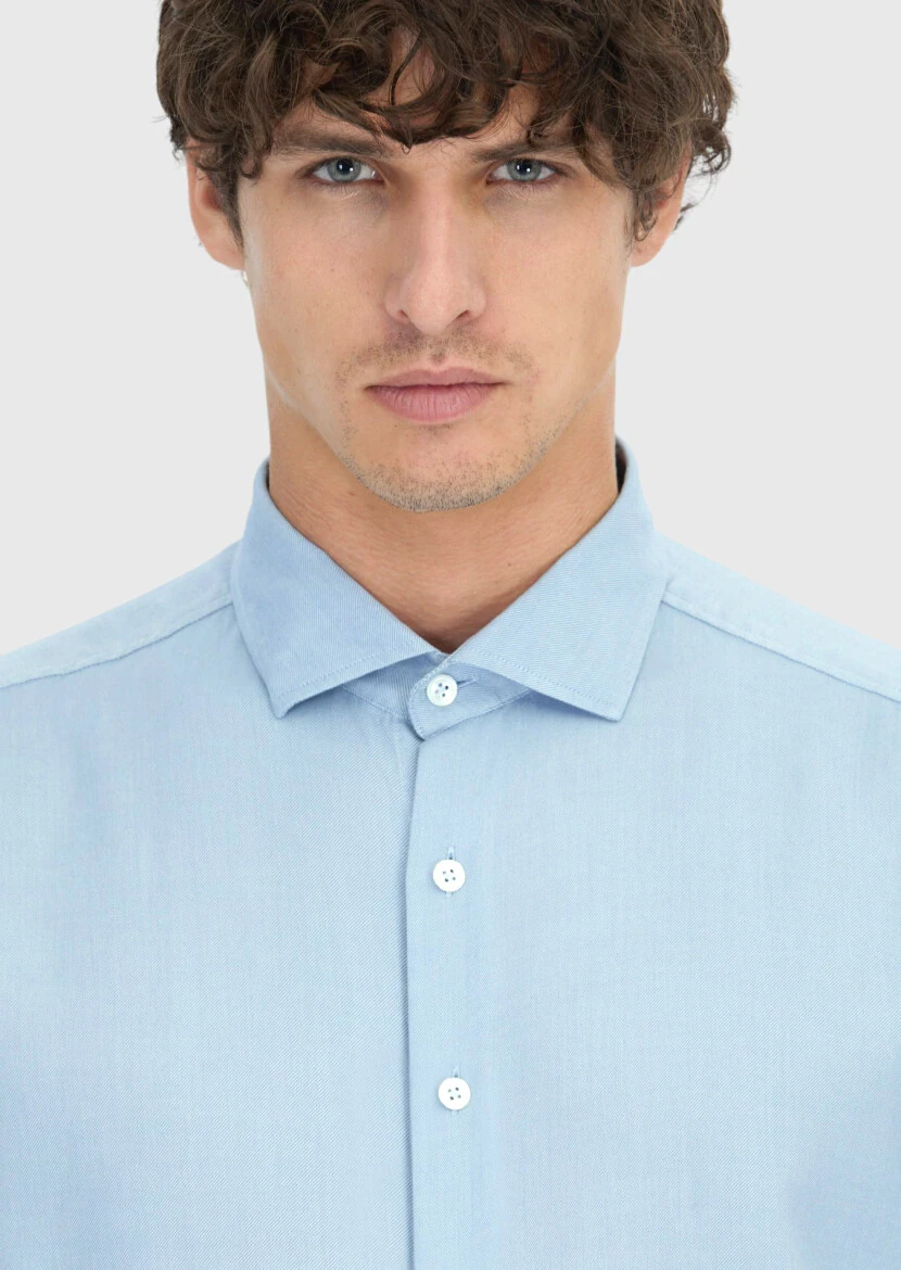 Blue Plain Weaving Casual Shirt - 4