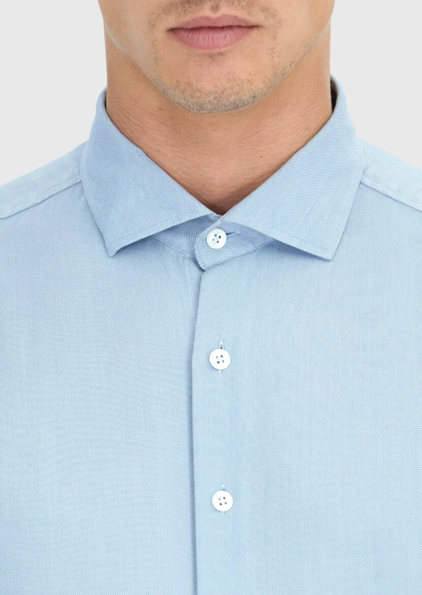 Blue Plain Weaving Casual Shirt - 5
