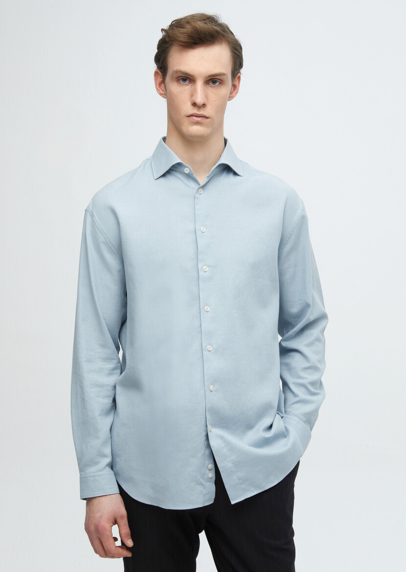 Blue Plain Weaving Casual Wool Blended Shirt - 2