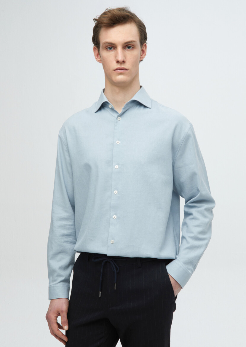 Blue Plain Weaving Casual Wool Blended Shirt 