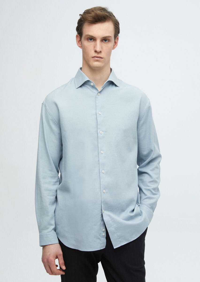 Blue Plain Weaving Casual Wool Blended Shirt - 2