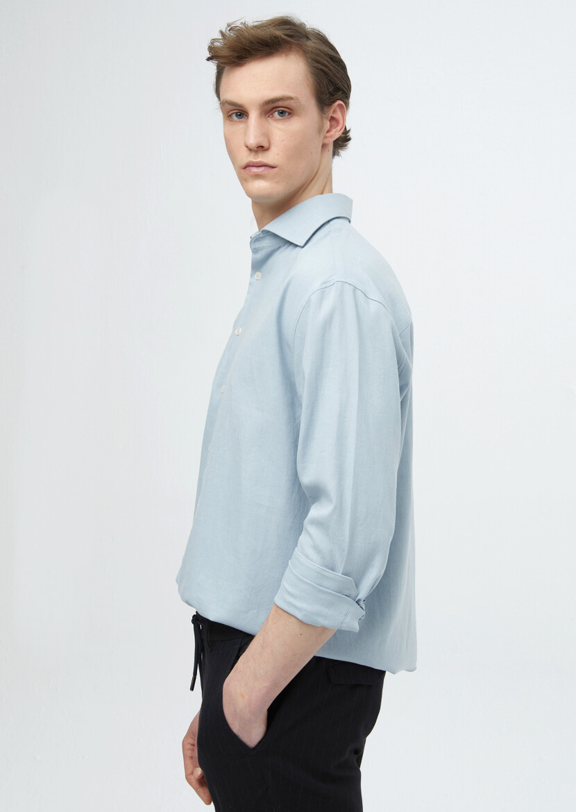 Blue Plain Weaving Casual Wool Blended Shirt - 3