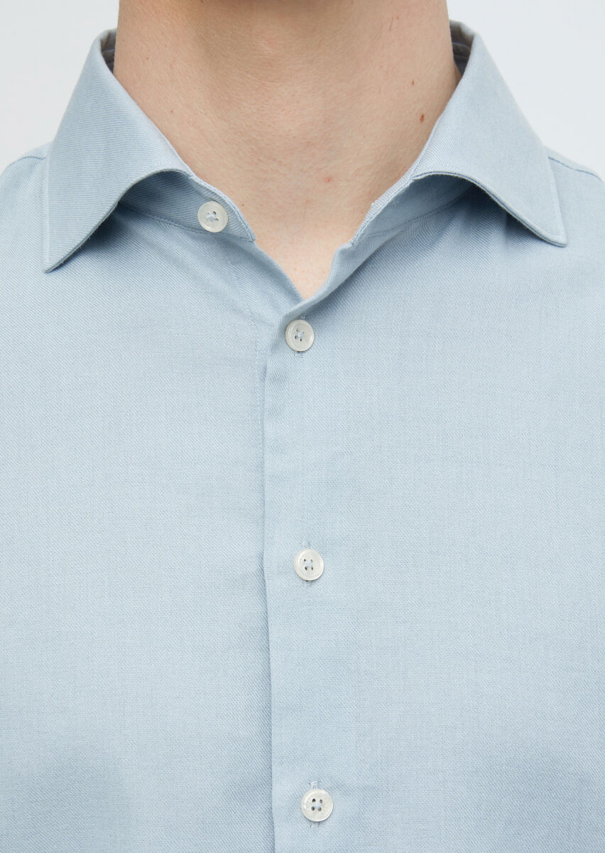 Blue Plain Weaving Casual Wool Blended Shirt - 5