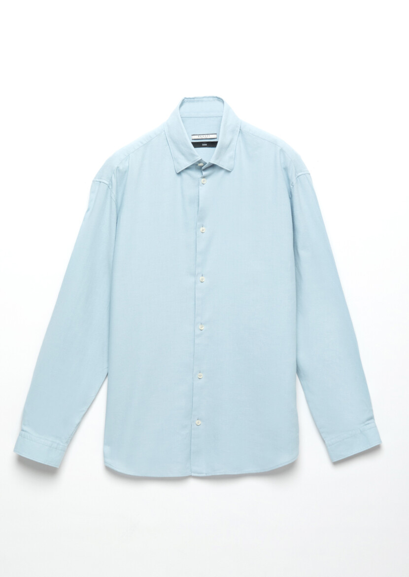 Blue Plain Weaving Casual Wool Blended Shirt - 7