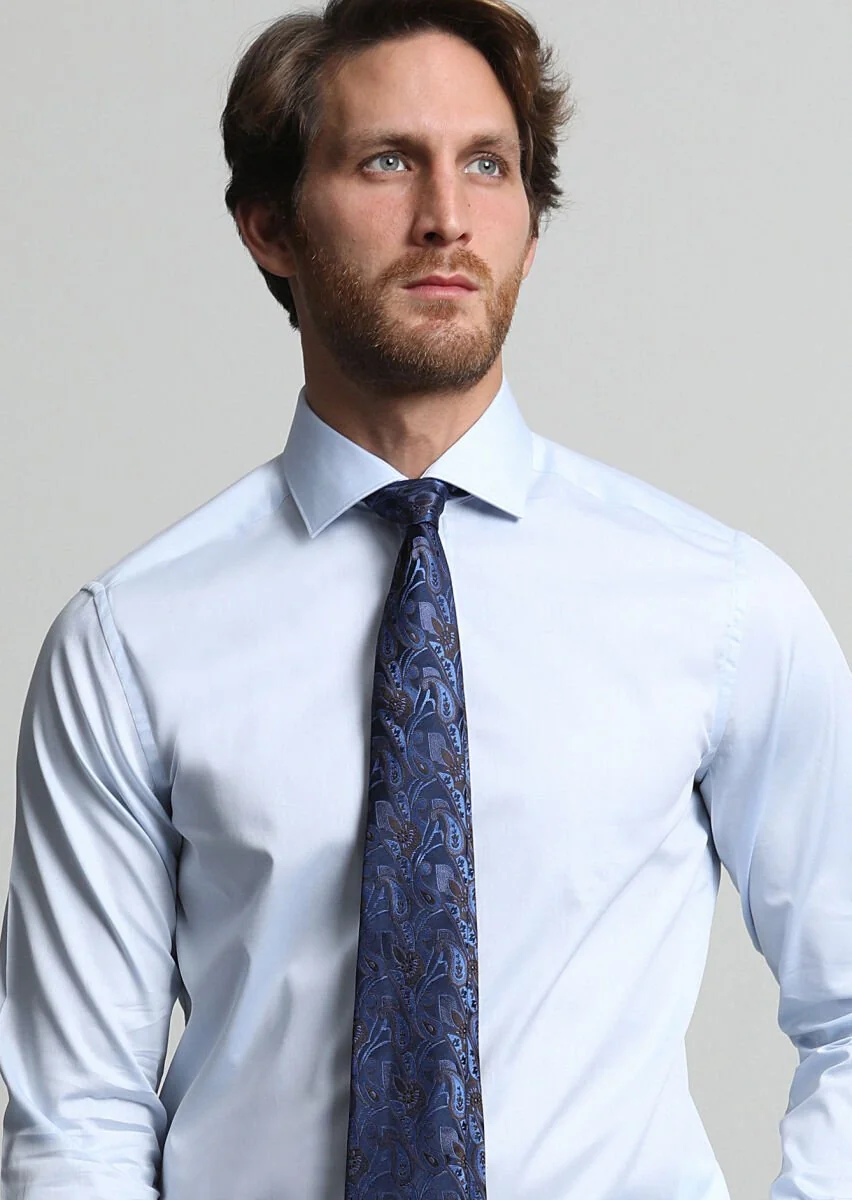 Blue Plain Weaving Classical 100% Cotton Shirt - 2