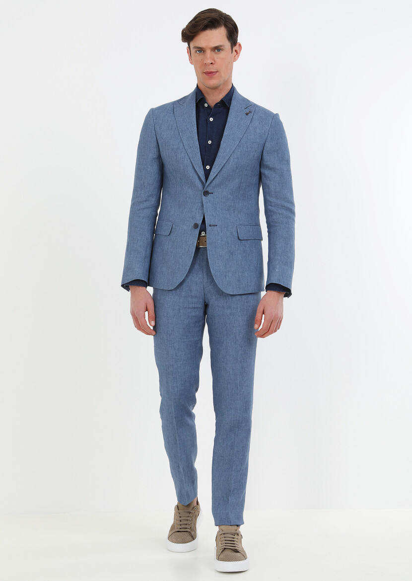 Blue Plain Zeroweight Slim Fit 100% Linen Suit 