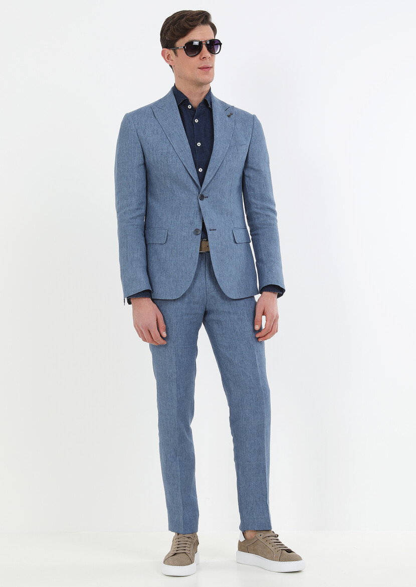 Blue Plain Zeroweight Slim Fit 100% Linen Suit 