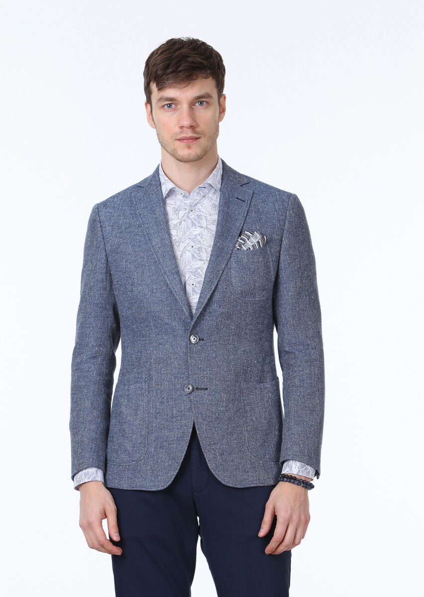 Blue Plain Zeroweight Slim Fit Cotton Blended Jacket - 1