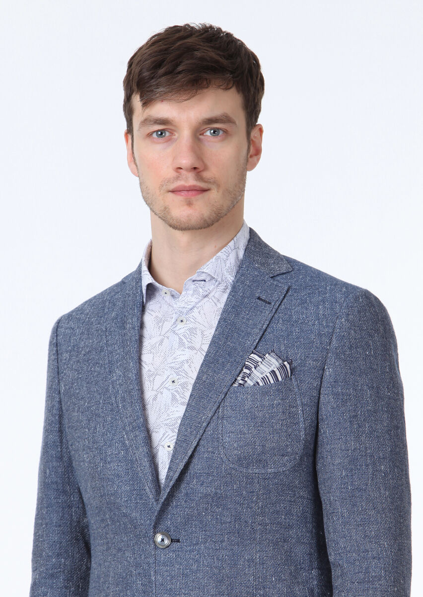 Blue Plain Zeroweight Slim Fit Cotton Blended Jacket - 3