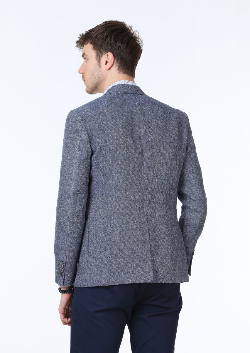 Blue Plain Zeroweight Slim Fit Cotton Blended Jacket - 4