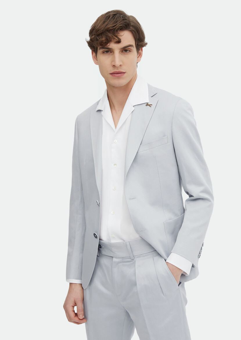 Blue Plain Zeroweight Slim Fit Cotton Blended Suit - 1