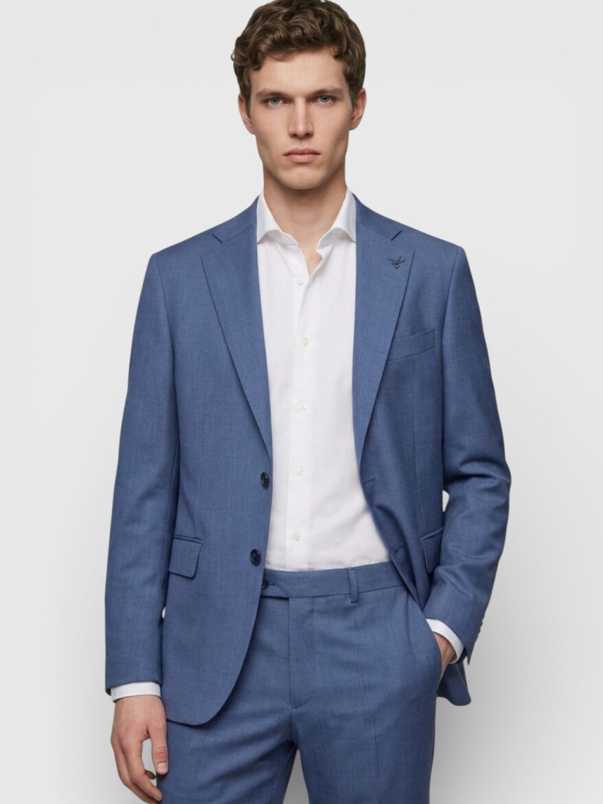 Blue Plain Zeroweight Slim Fit Wool Blended Suit - 3