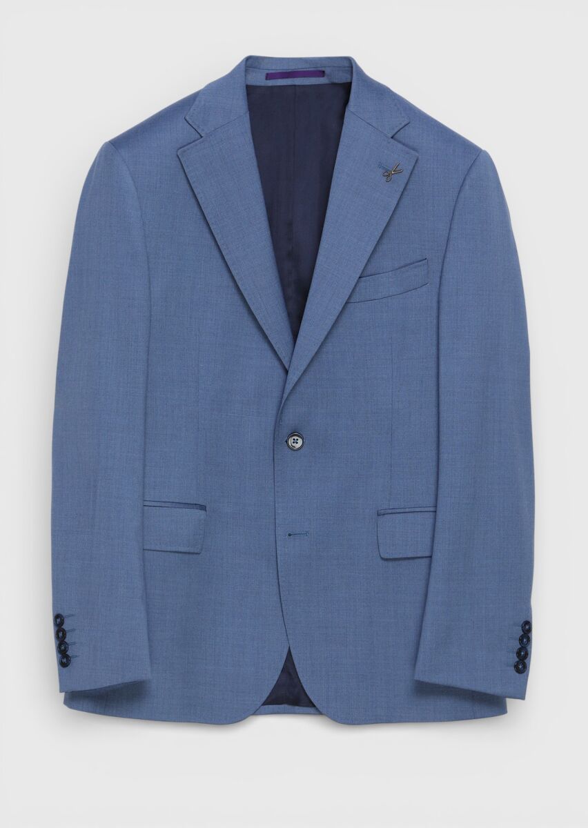 Blue Plain Zeroweight Slim Fit Wool Blended Suit - 5