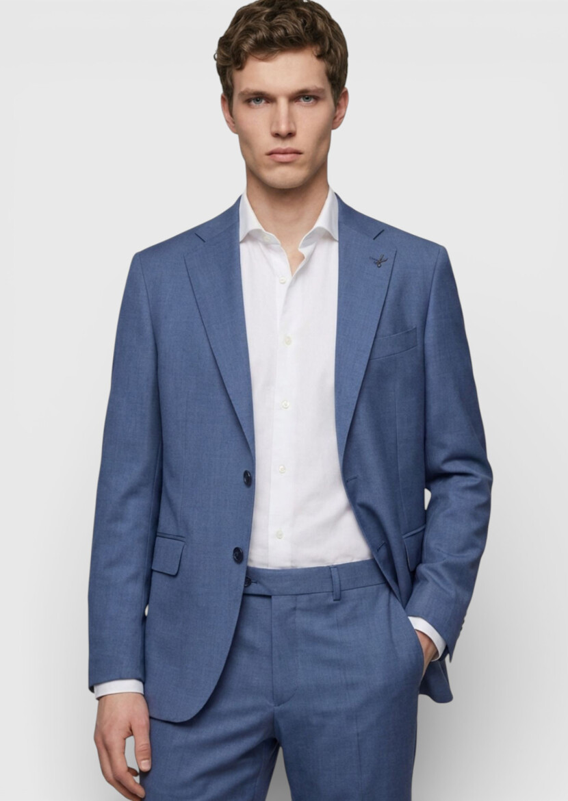 Blue Plain Zeroweight Slim Fit Wool Blended Suit - RAMSEY