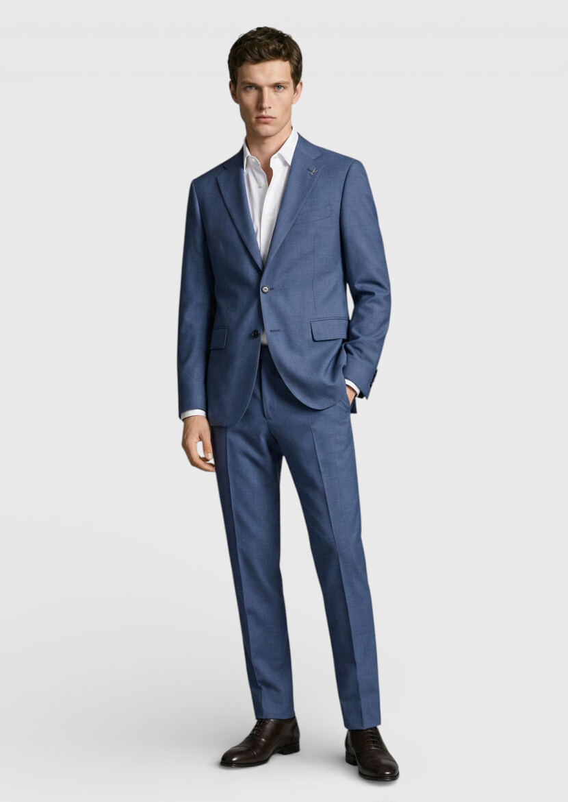 Blue Plain Zeroweight Slim Fit Wool Blended Suit - 3