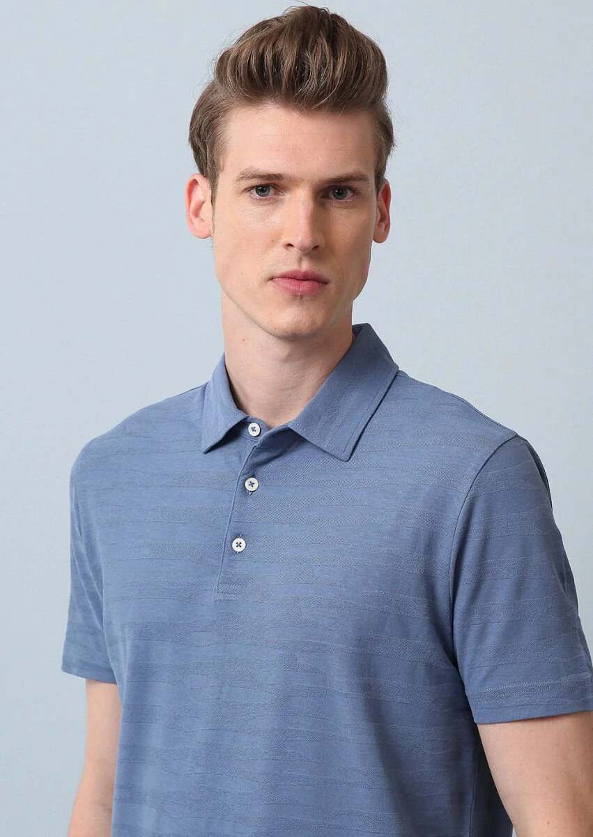 Blue Polo Neck 100% Cotton T-Shirt - 1