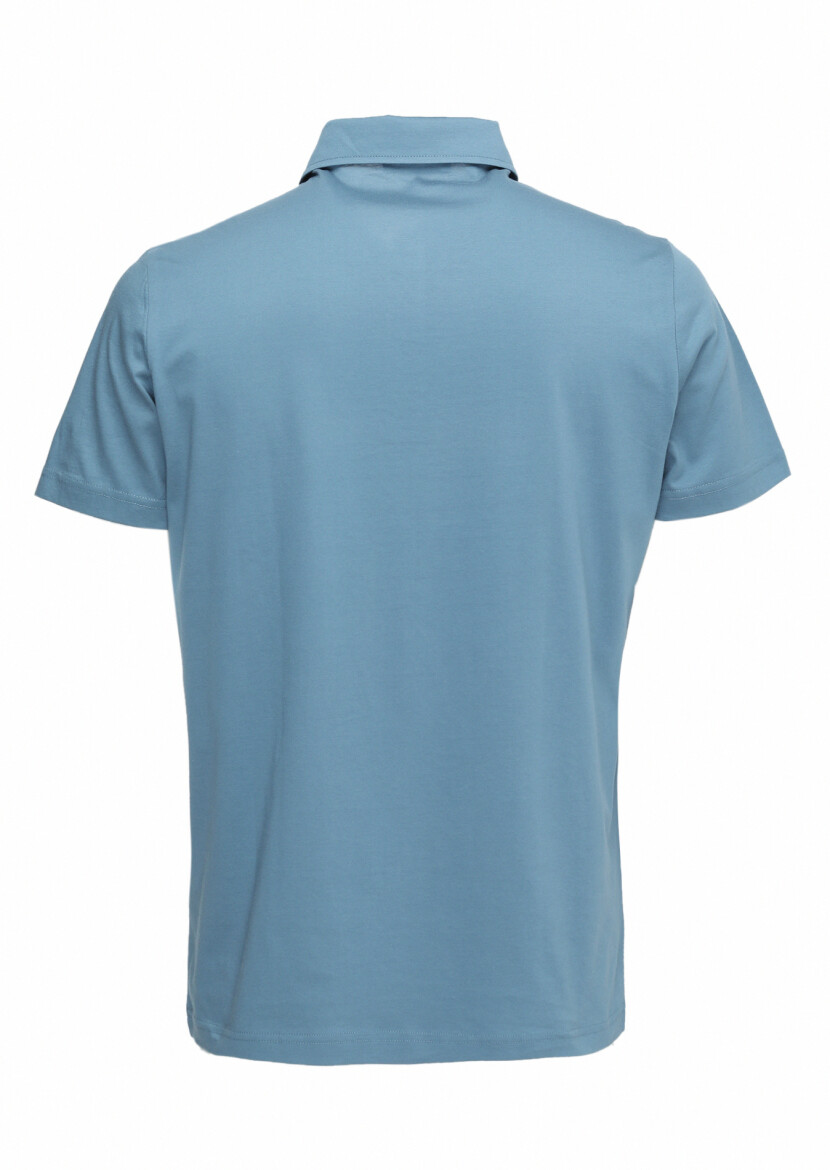 Blue Polo Neck 100% Cotton T-Shirt - 4
