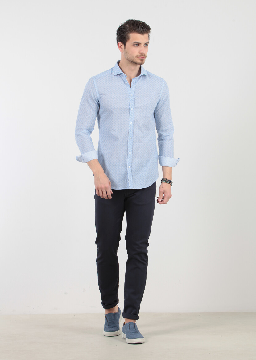 Blue Printed Fitted Fit Long Weaving Casual 100% Cotton Shirt - 1