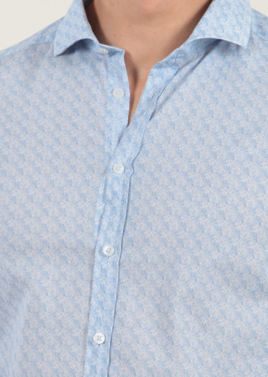 Blue Printed Fitted Fit Long Weaving Casual 100% Cotton Shirt - 3