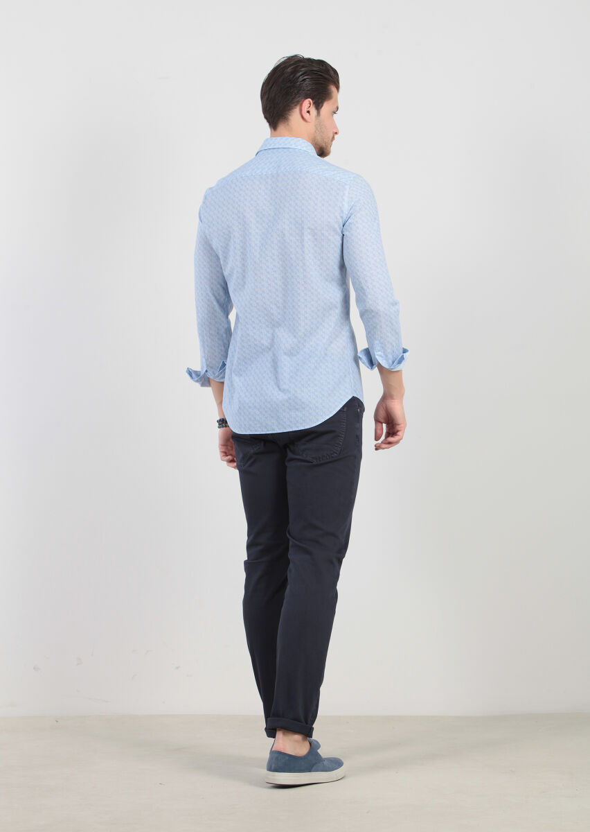 Blue Printed Fitted Fit Long Weaving Casual 100% Cotton Shirt - 4