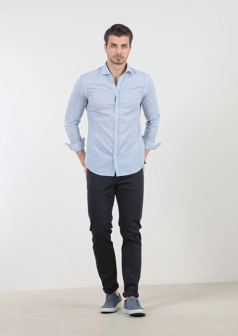 Blue Printed Fitted Fit Weaving Casual 100% Cotton Shirt - 2