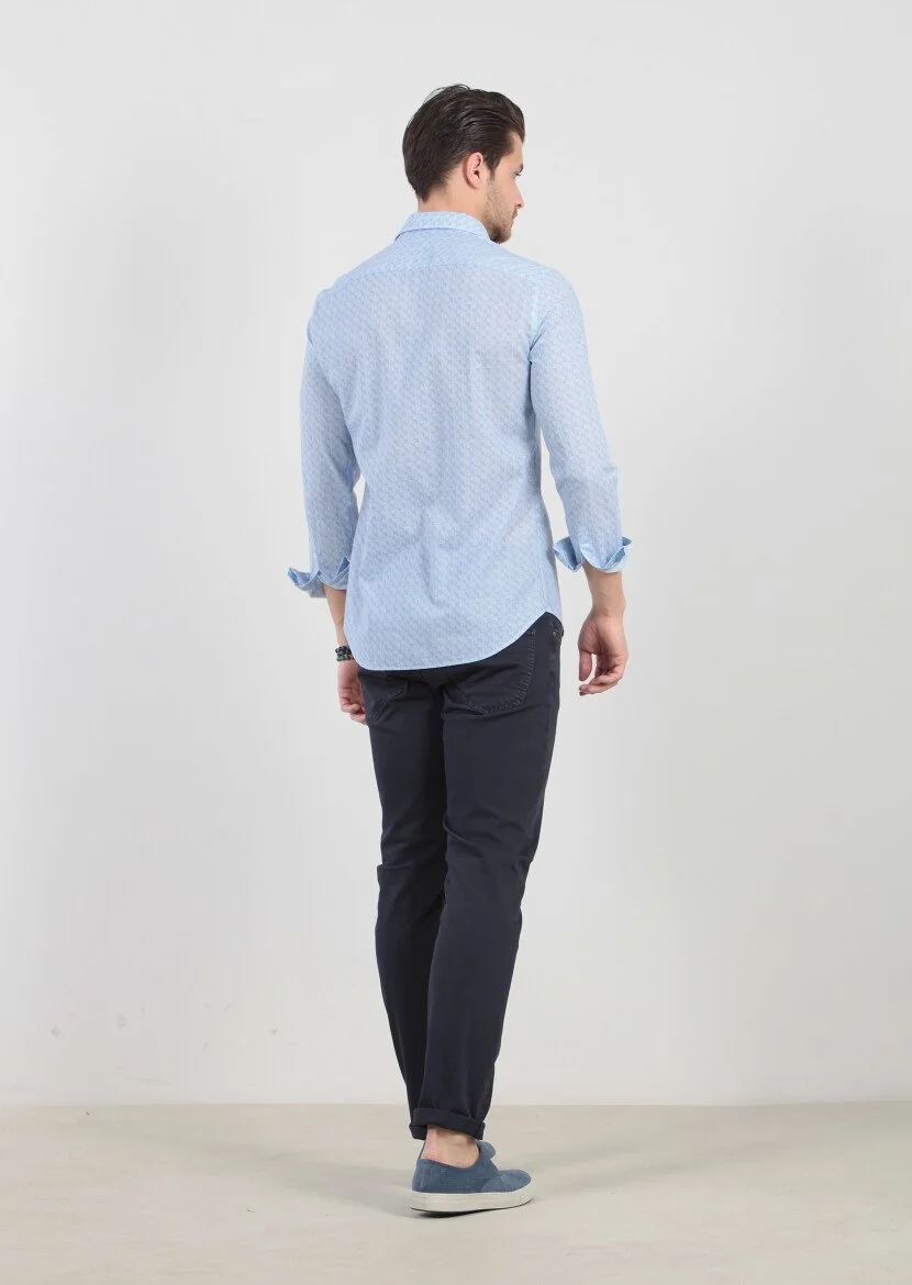Blue Printed Fitted Fit Weaving Casual 100% Cotton Shirt - 5