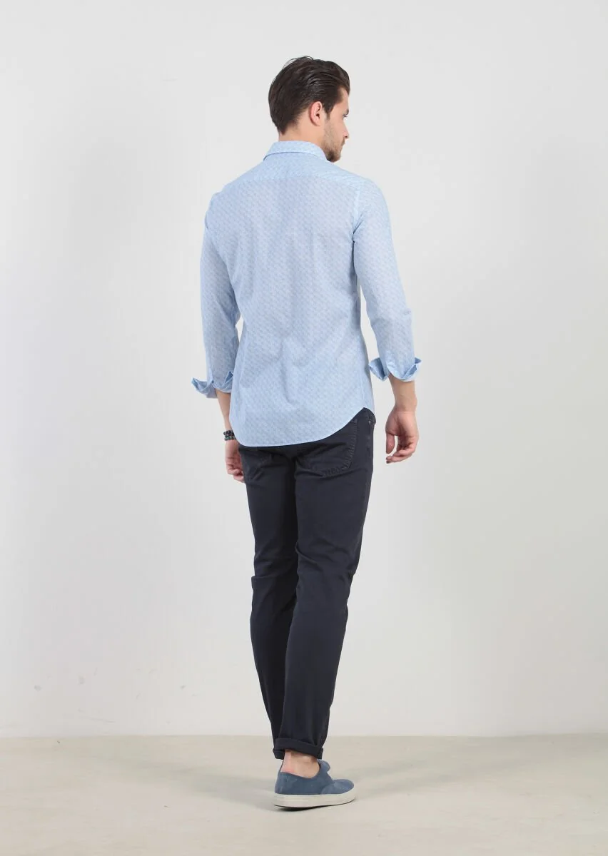 Blue Printed Fitted Fit Weaving Casual 100% Cotton Shirt - 5