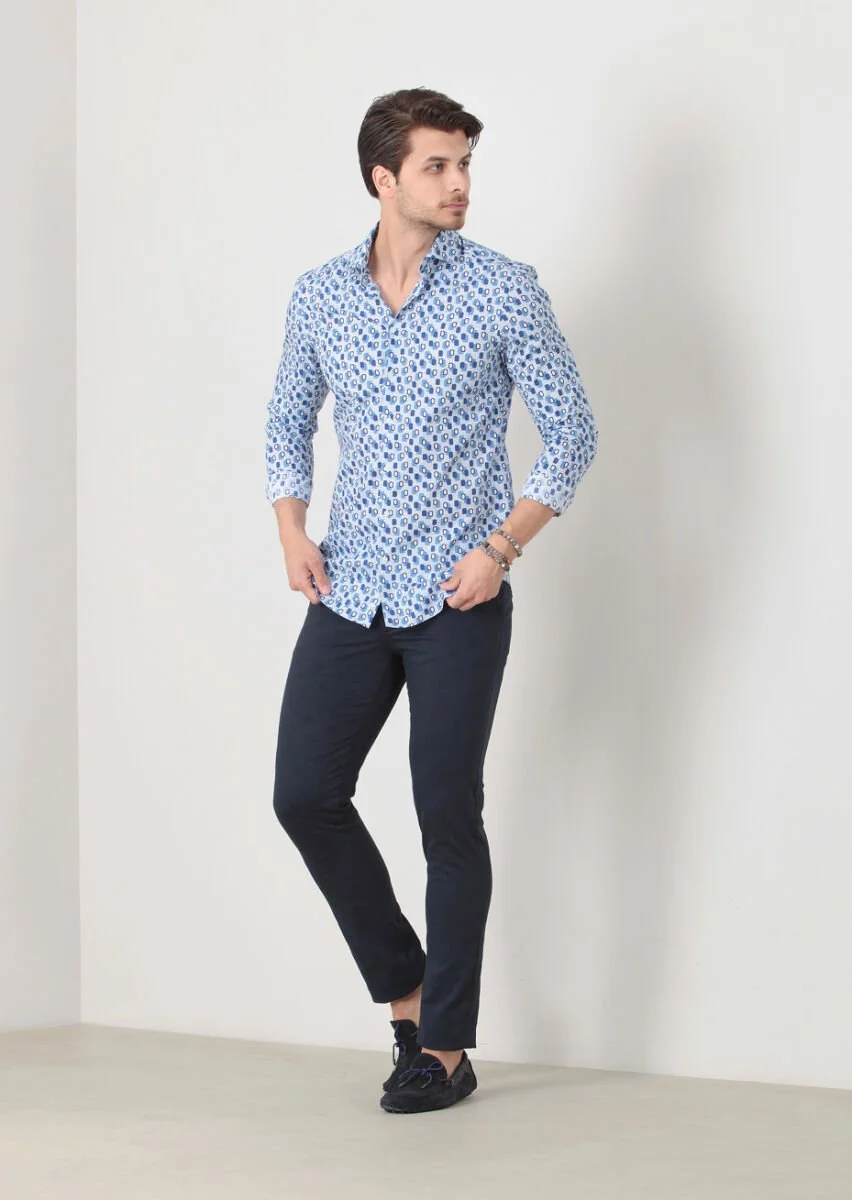 Blue Printed Fitted Fit Weaving Casual 100% Cotton Shirt - 1