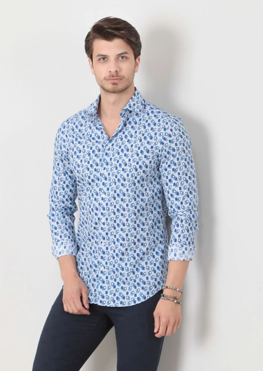 Blue Printed Fitted Fit Weaving Casual 100% Cotton Shirt - 2