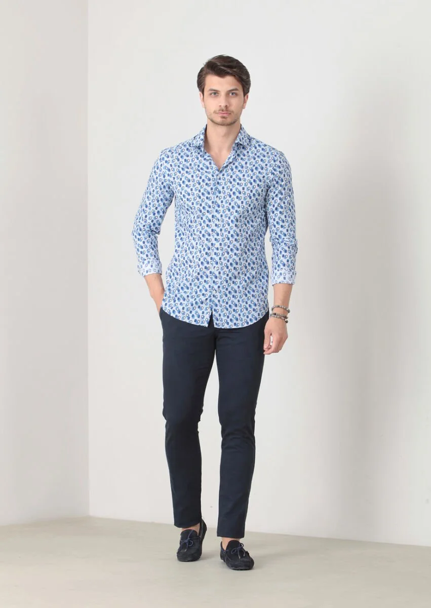 Blue Printed Fitted Fit Weaving Casual 100% Cotton Shirt - 3