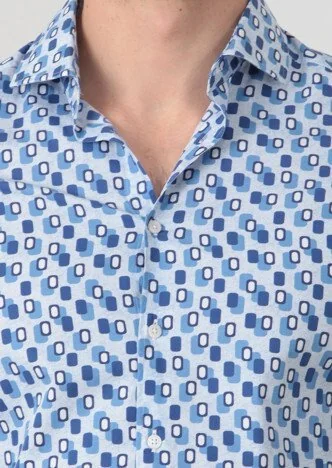 Blue Printed Fitted Fit Weaving Casual 100% Cotton Shirt - 4