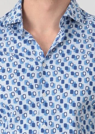 Blue Printed Fitted Fit Weaving Casual 100% Cotton Shirt - 4