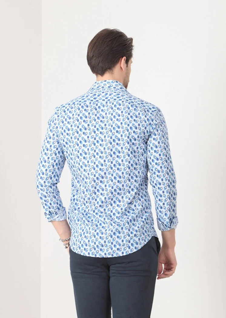 Blue Printed Fitted Fit Weaving Casual 100% Cotton Shirt - 5